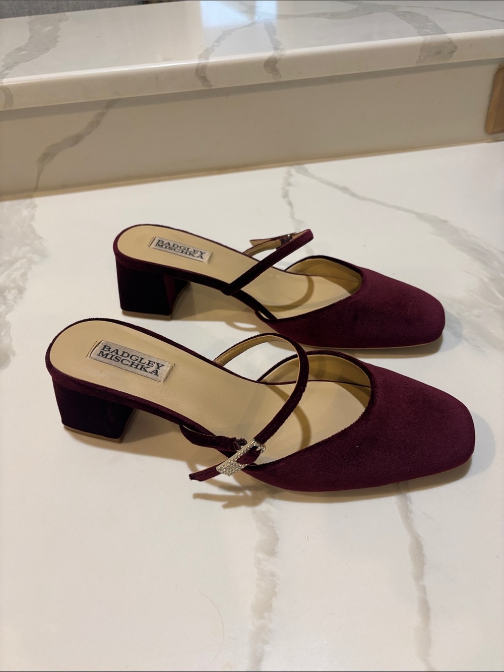 Badgley Mischka Burgundy Suede Slingback Block Heel Mules